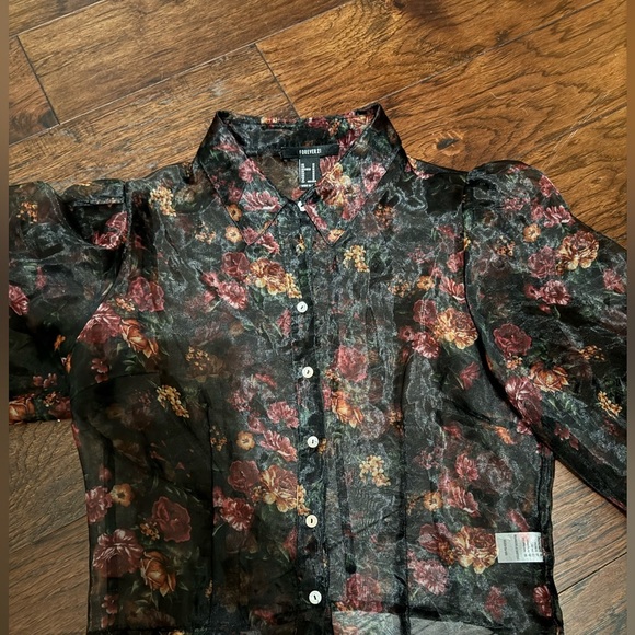 Forever 21 Sheer Floral long Sleeve Blouse Size Medium Gently Used - Picture 9 of 9